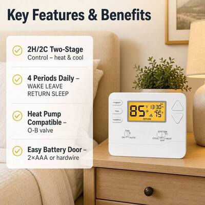 Riseem Cooling Electronic Room Thermostat with Display Size 2.08 Sq.in. 1344mm2 and 2H/2C Stages H/C -Conventional