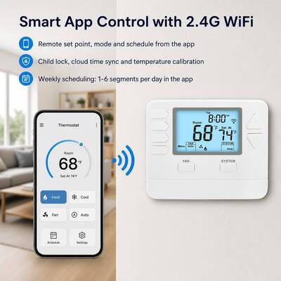 Riseem Air Conditioner Smart WIFI Digital Programmable Alexa Home Thermostat HVAC STN705W 24V White ABS