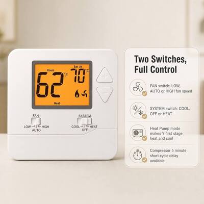 2H1C Heat Pump Wireless Room Electronic Air Conditioning Battery-operated RF Thermostat Non-programmable for PTAC Unit