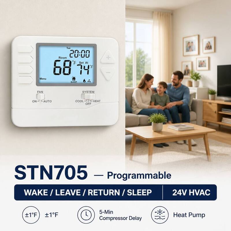 Blue Backlight Color Wired programmable thermostat including AUTO Fan Operation Mode optimized for heating and cooling system management
