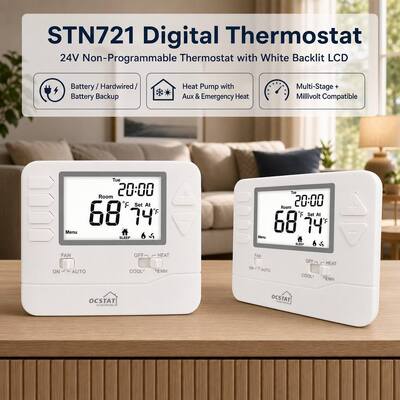 ترموستات سیمی نمایشگر LCD پمپ حرارتی تجاری STN721 با ۲ گرمایش ۱ سرمایش برای خانه و هتل