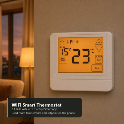 ترموستات قابل برنامه ریزی 7 روزه الکترونیکی TUYA Smart Life با ولتاژ کنترل 24 ولت با ابعاد فیزیکی عرض 120 میلی متر، ارتفاع 98 میلی متر، عمق 27 میلی متر طراحی شده برای کنترل دما